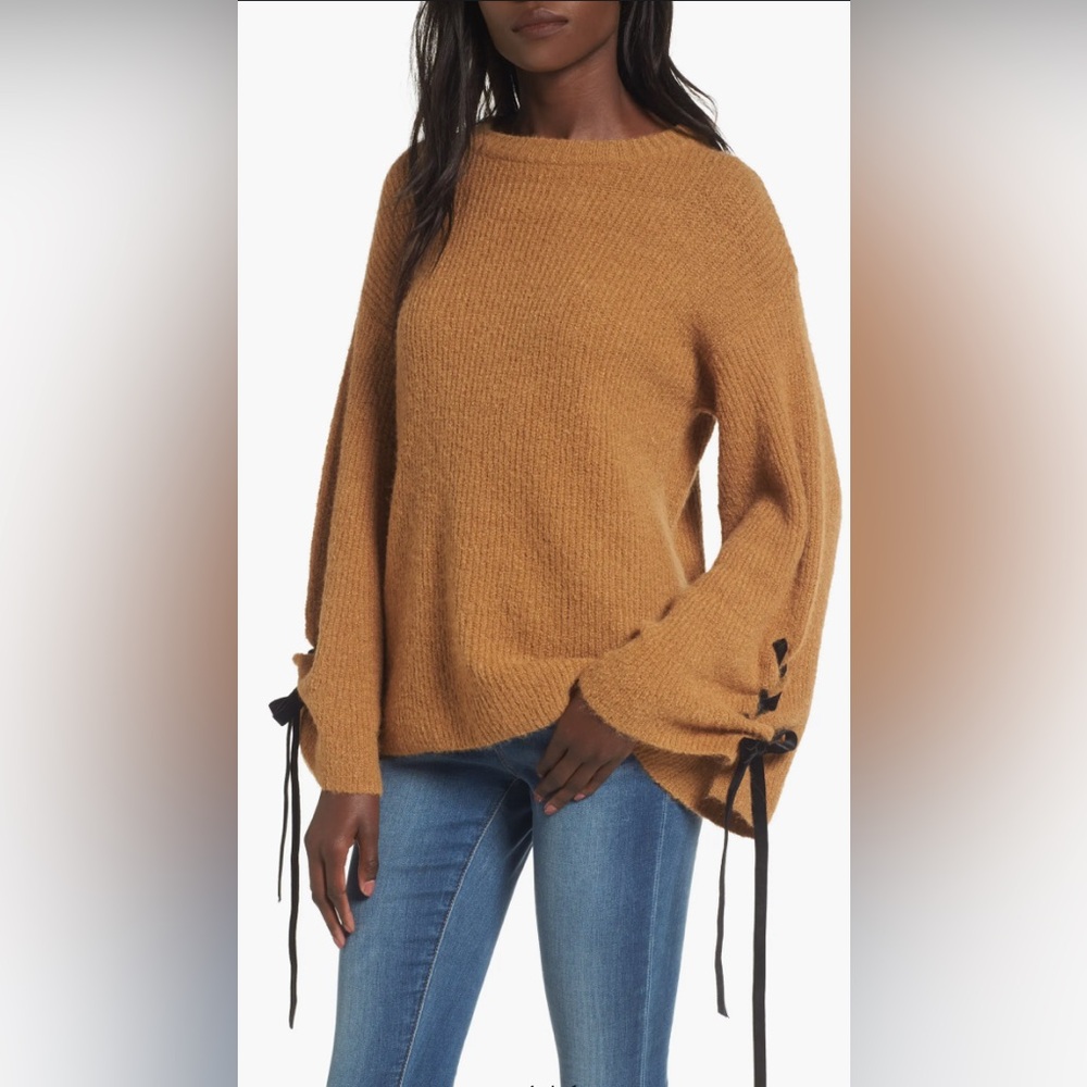 Boston Proper Knit Sweater Velvet Lace-Up Bell Sleeves in Cattail Camel Size S